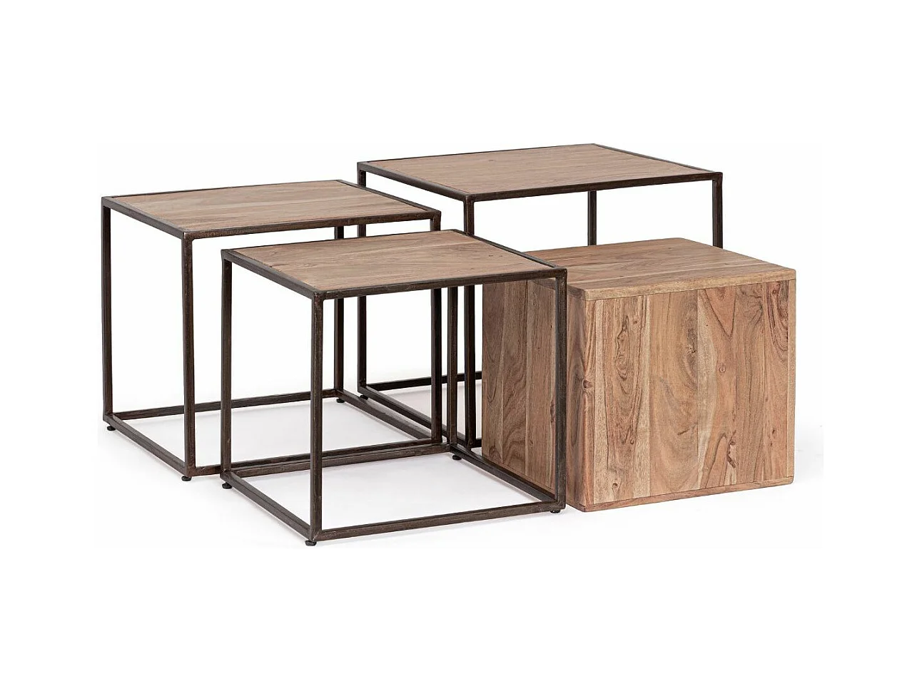 Table basse industriel modulable bois d'acacia et acier marron Palma - Lot de 4