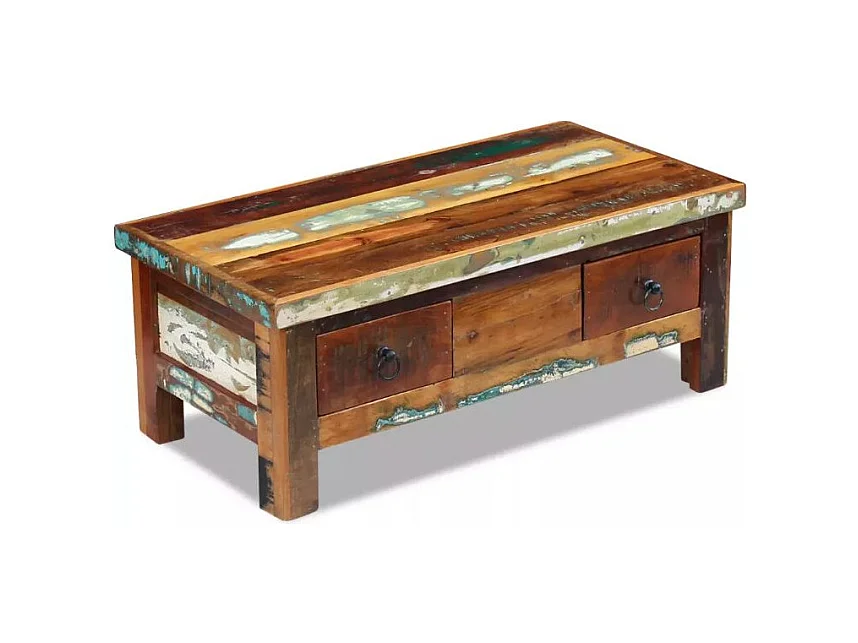 Table basse rectangulaire 2 tiroirs bois massif recyclé Lau