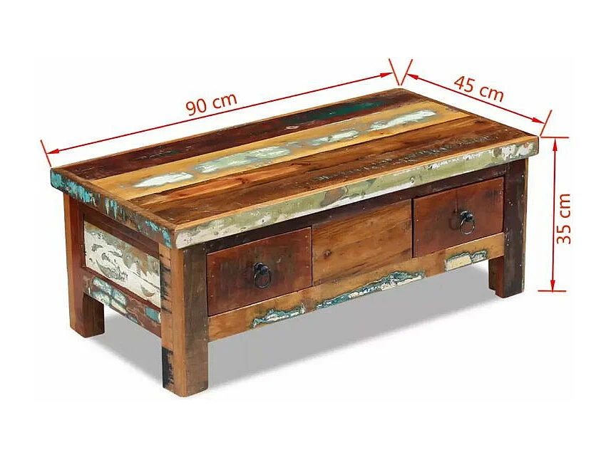 Table basse rectangulaire 2 tiroirs bois massif recyclé Lau