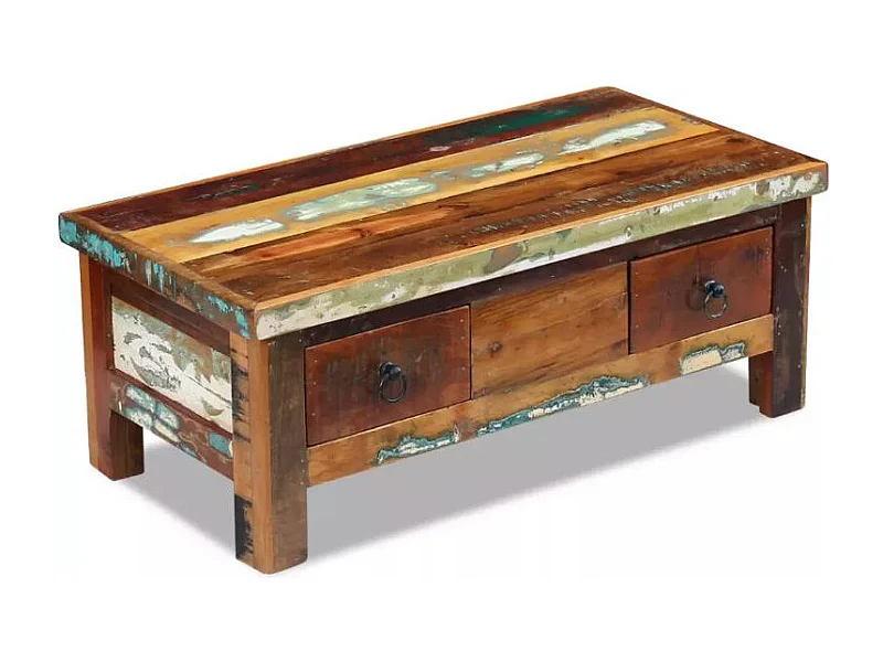 Table basse rectangulaire 2 tiroirs bois massif recyclé Lau