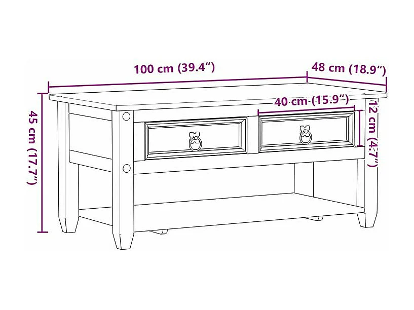 Table basse avec tiroirs Corona 100x48x45 bois de pin massif