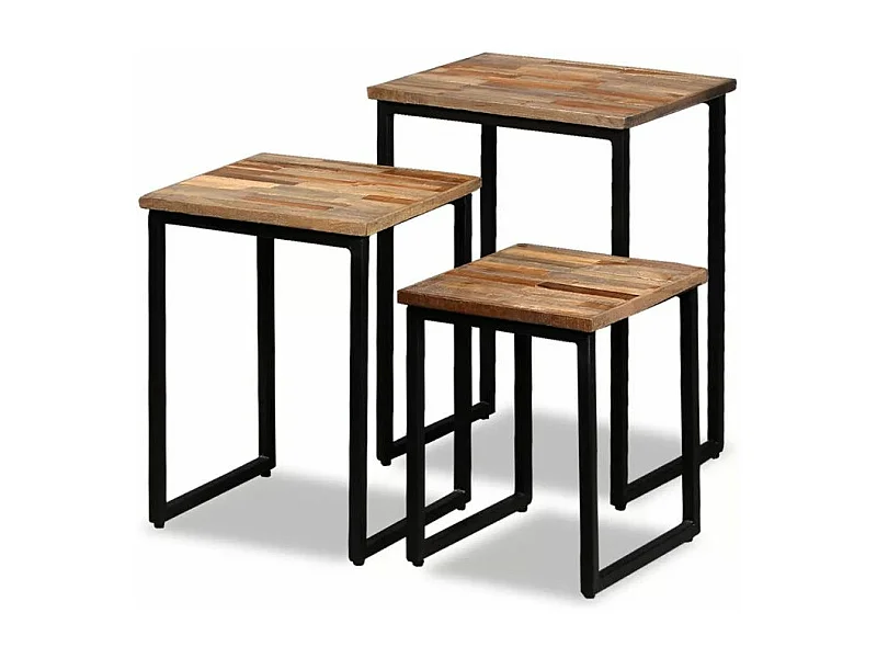 Table basse gigogne teck massif recyclé et métal noir Voust - Lot de 3