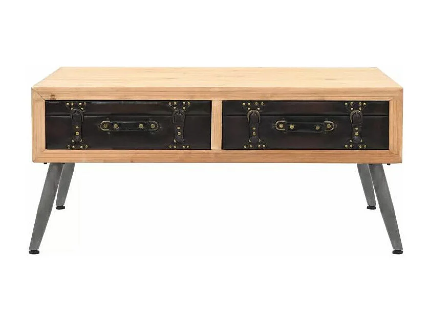 Table basse rectangulaire 2 tiroirs pin massif clair et simili cuir Stylie