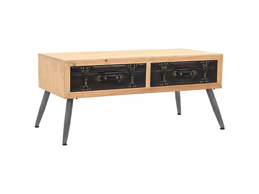 Table basse rectangulaire 2 tiroirs pin massif clair et simili cuir Stylie