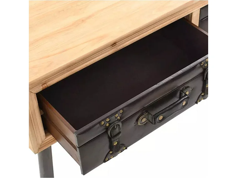 Table basse rectangulaire 2 tiroirs pin massif clair et simili cuir Stylie