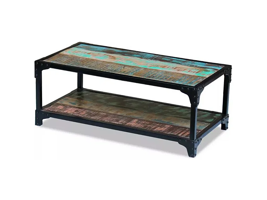 Table basse rectangulaire bois massif recyclé foncé et métal noir Boust