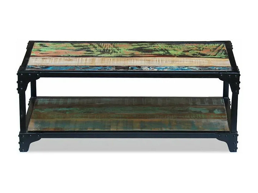 Table basse rectangulaire bois massif recyclé foncé et métal noir Boust