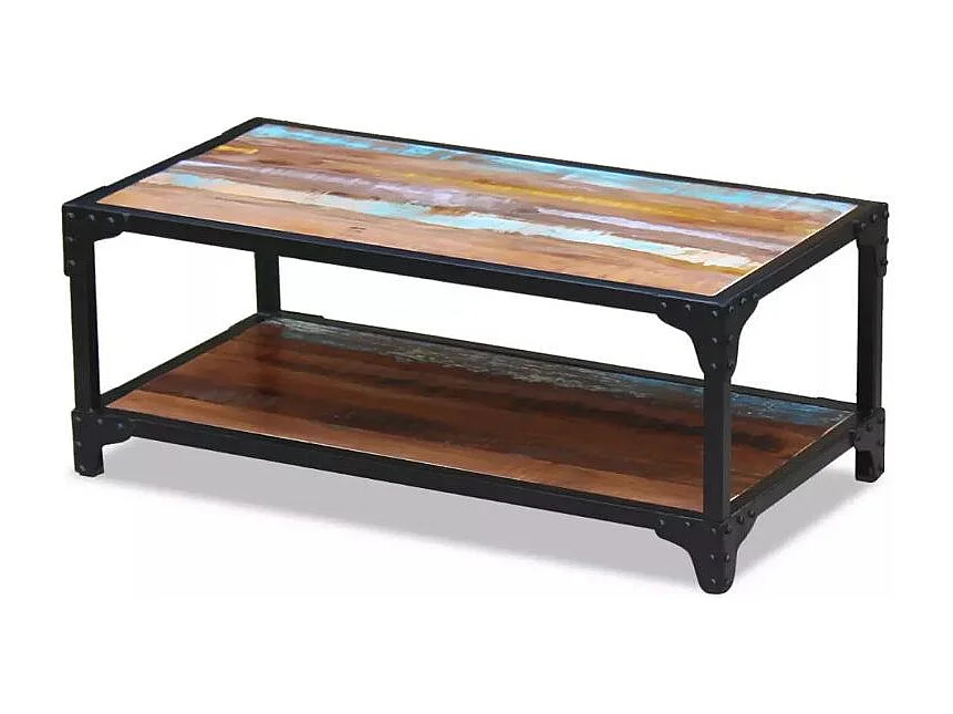 Table basse rectangulaire bois massif recyclé foncé et métal noir Boust