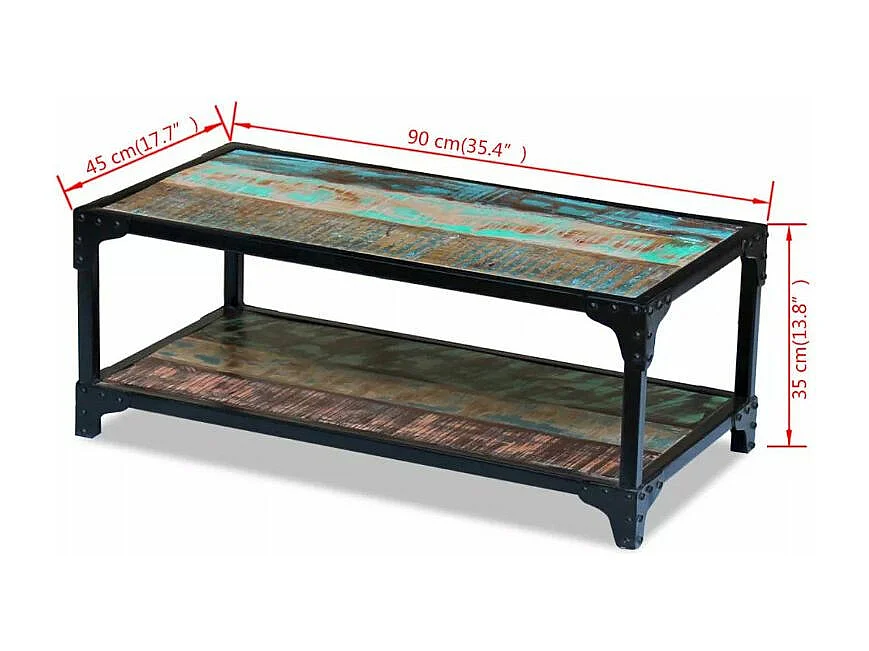 Table basse rectangulaire bois massif recyclé foncé et métal noir Boust