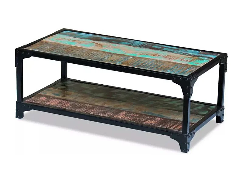 Table basse rectangulaire bois massif recyclé foncé et métal noir Boust