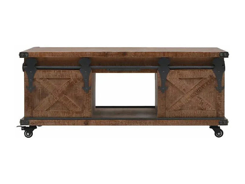 Table basse à roulettes 2 portes pin massif foncé et métal noir Cassie
