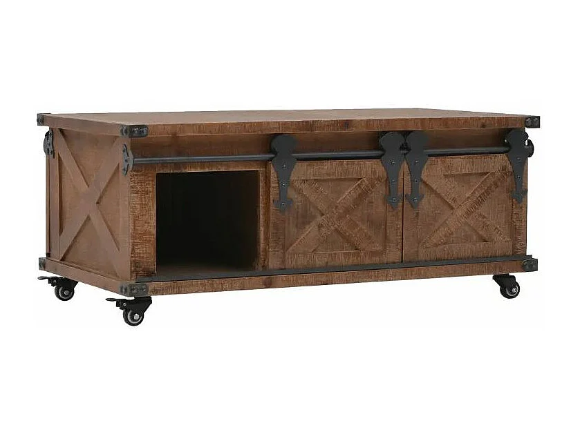 Table basse à roulettes 2 portes pin massif foncé et métal noir Cassie