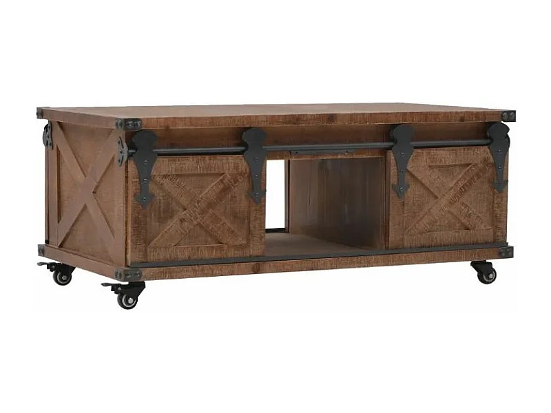 Table basse à roulettes 2 portes pin massif foncé et métal noir Cassie