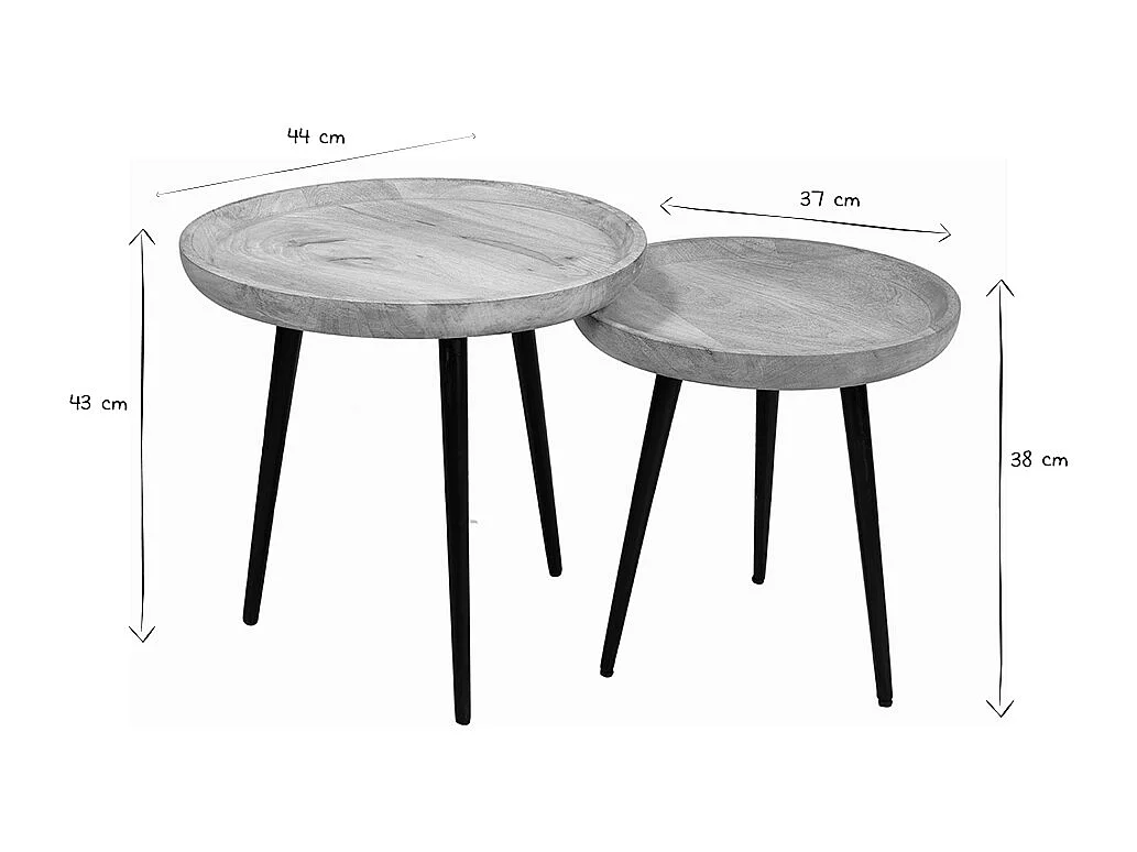 Tables basses gigognes rondes bois manguier massif et métal noir (lot de 2) PYTA
