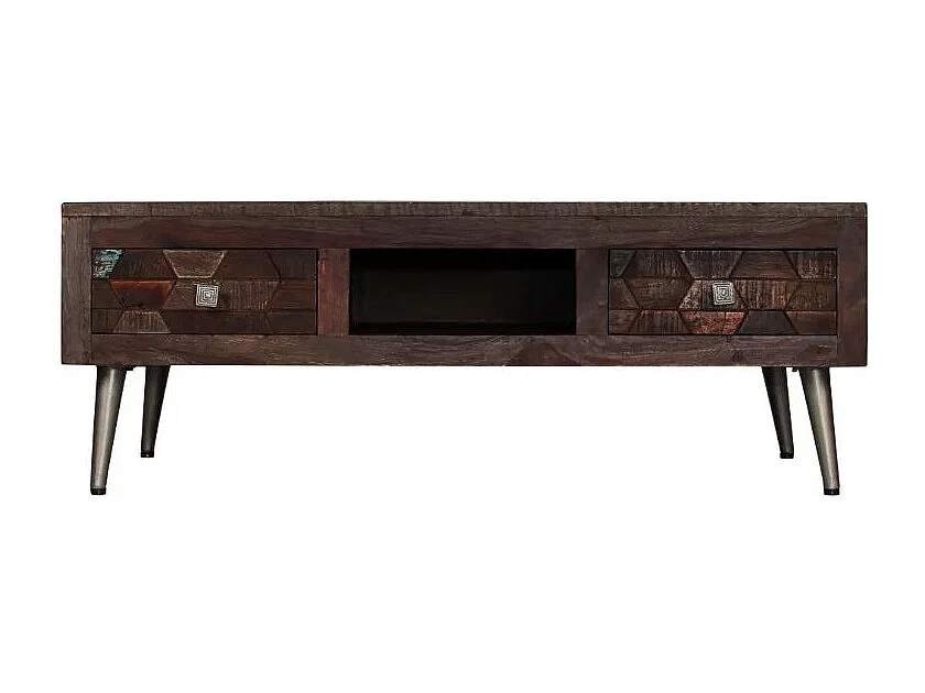 Table basse 2 tiroirs bois massif recyclé foncé et pieds métal gris Claireauta