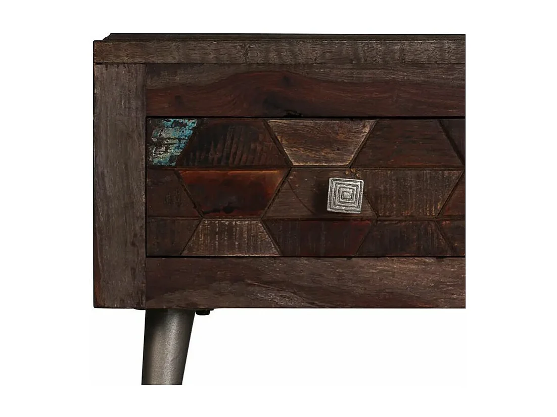 Table basse 2 tiroirs bois massif recyclé foncé et pieds métal gris Claireauta