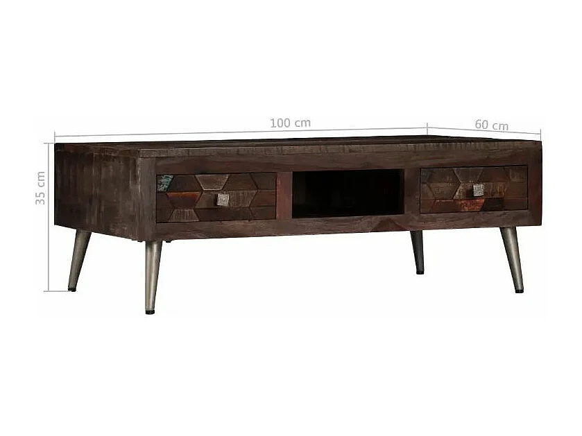 Table basse 2 tiroirs bois massif recyclé foncé et pieds métal gris Claireauta