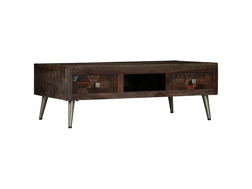 Table basse 2 tiroirs bois massif recyclé foncé et pieds métal gris Claireauta