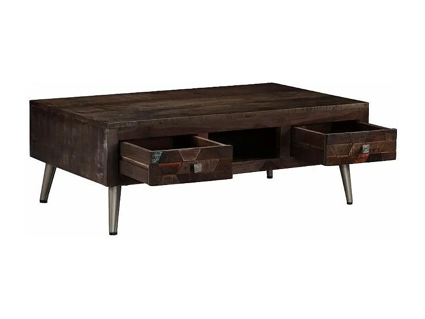 Table basse 2 tiroirs bois massif recyclé foncé et pieds métal gris Claireauta