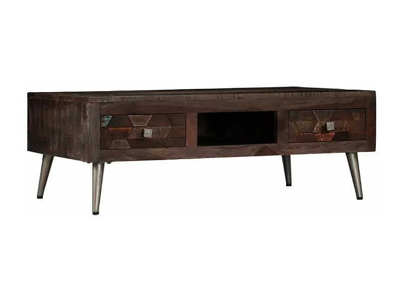 Table basse 2 tiroirs bois massif recyclé foncé et pieds métal gris Claireauta