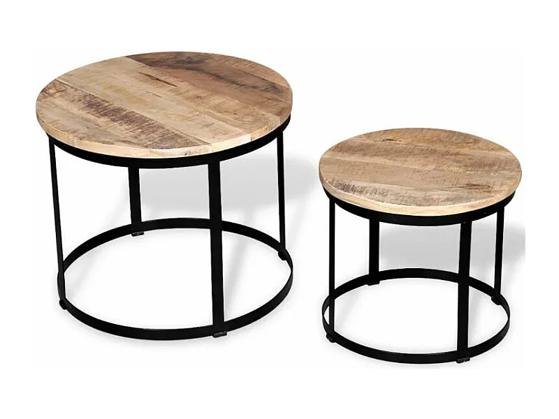 Table basse ronde manguier massif clair et pieds métal noir Induka - Lot de 2