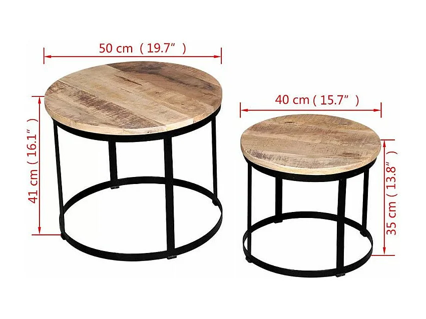 Table basse ronde manguier massif clair et pieds métal noir Induka - Lot de 2