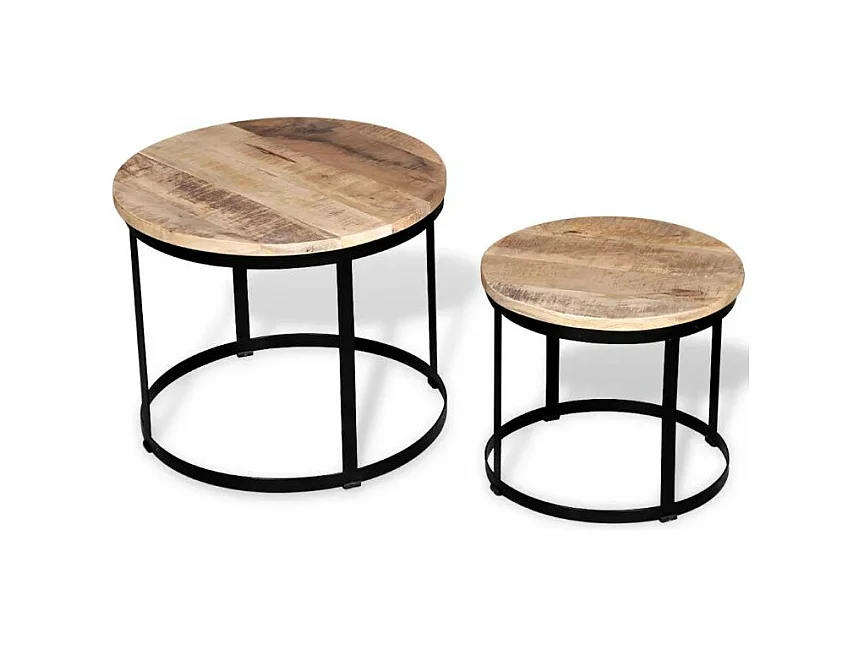 Table basse ronde manguier massif clair et pieds métal noir Induka - Lot de 2