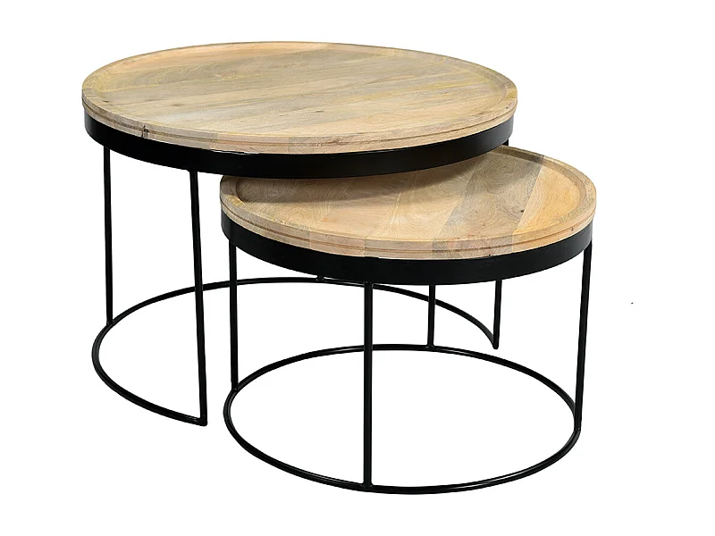 Tables basses gigognes rondes bois manguier massif et métal noir (lot de 2) LEDGE