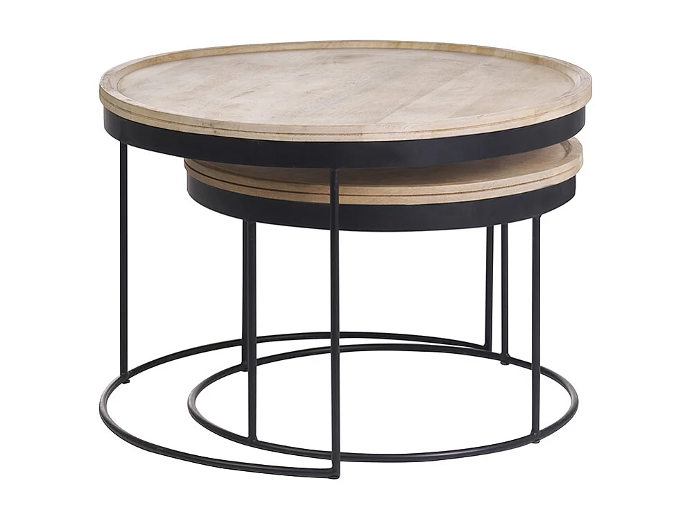 Tables basses gigognes rondes bois manguier massif et métal noir (lot de 2) LEDGE