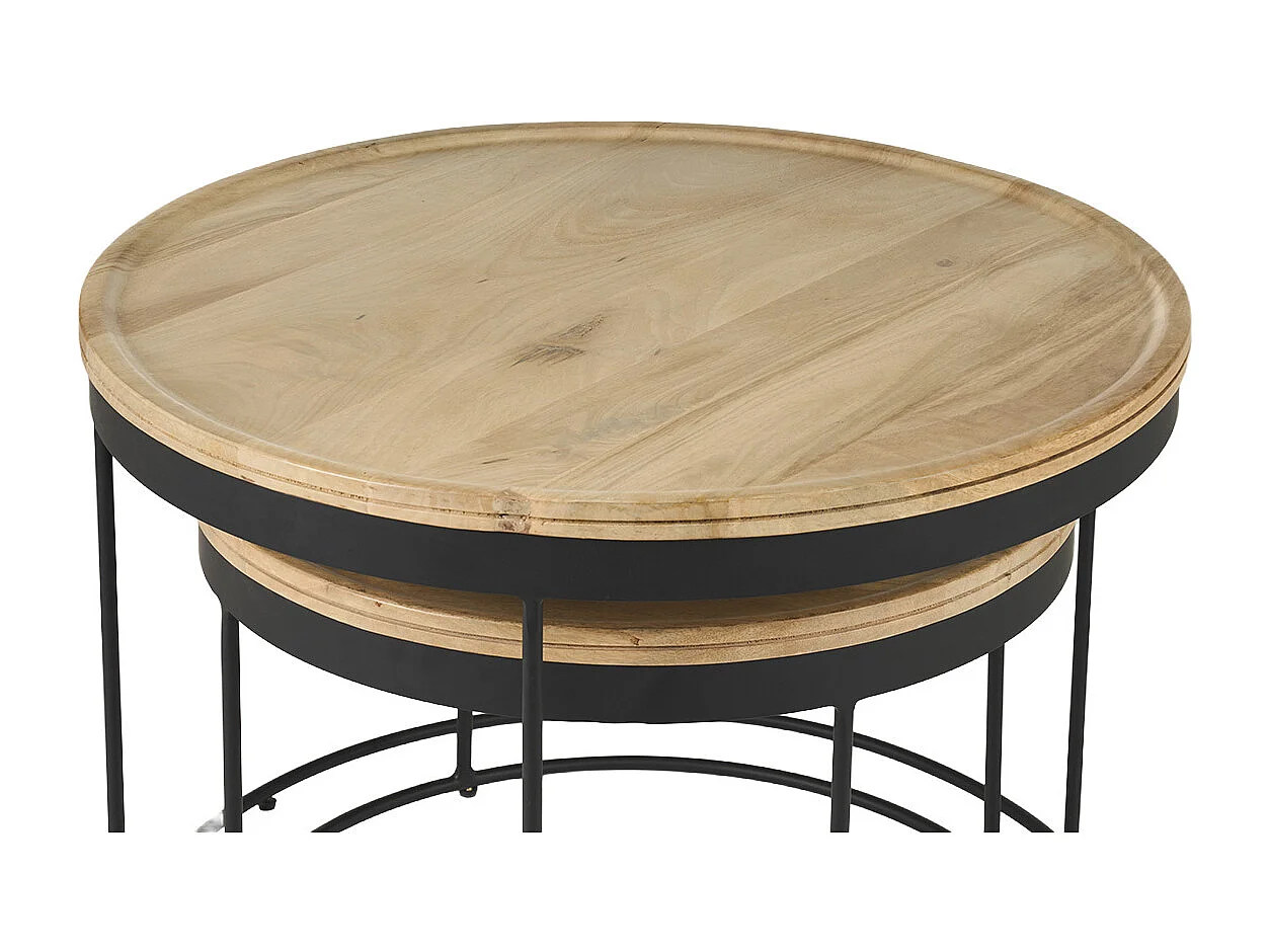 Verschachtelungs-Couchtische aus massivem Mangoholz und Metall LEDGE