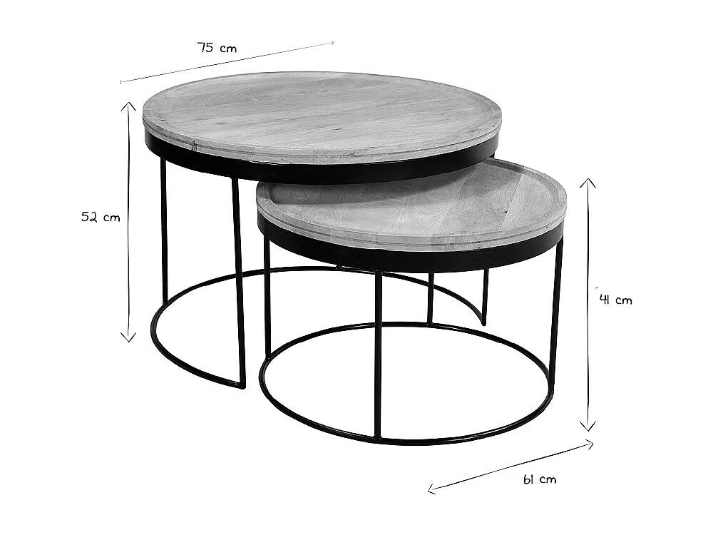 Verschachtelungs-Couchtische aus massivem Mangoholz und Metall LEDGE