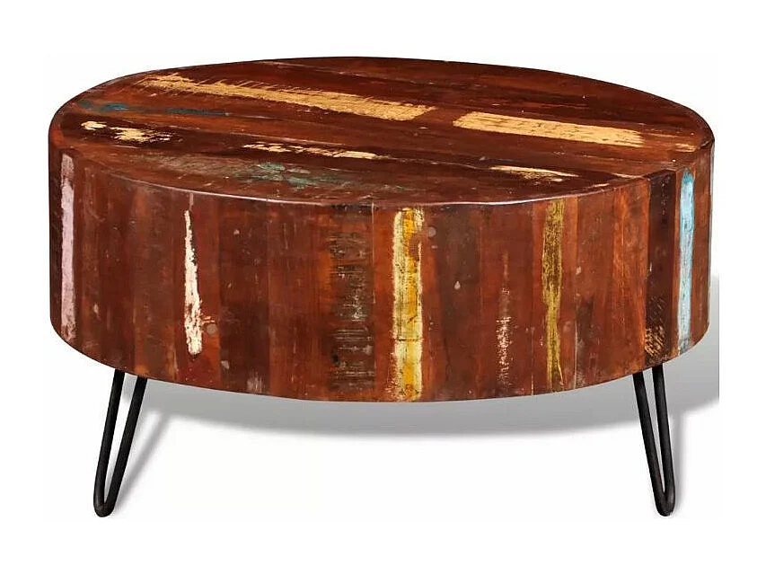 Table basse ronde bois massif foncé recyclé et métal noir Inah