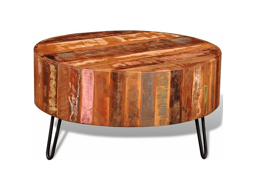 Table basse ronde bois massif foncé recyclé et métal noir Inah