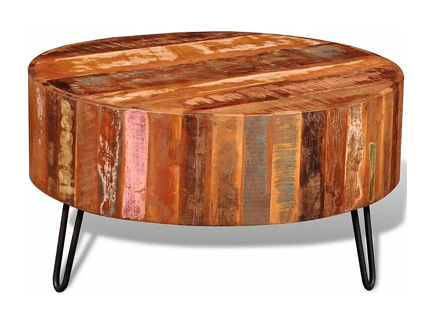 Table basse ronde bois massif foncé recyclé et métal noir Inah