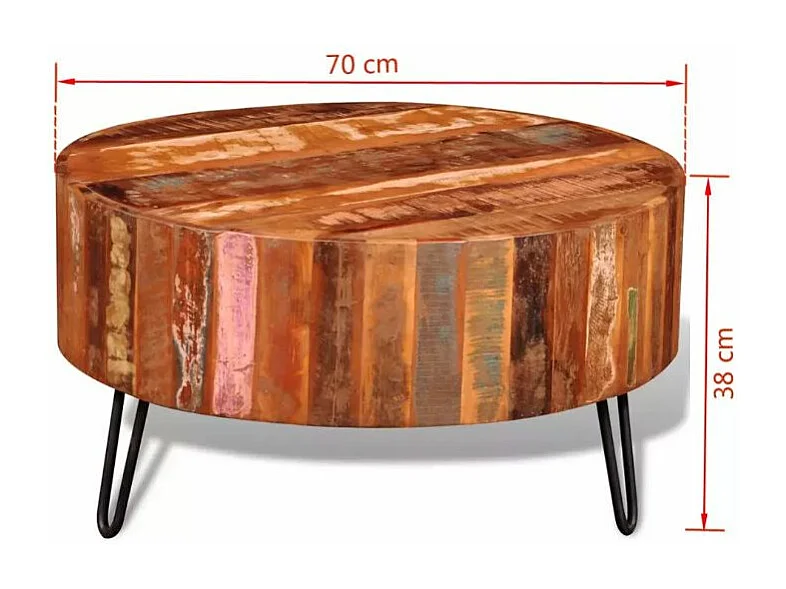 Table basse ronde bois massif foncé recyclé et métal noir Inah