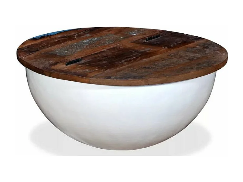 Table basse ronde bois foncé recyclé et métal blanc Leh