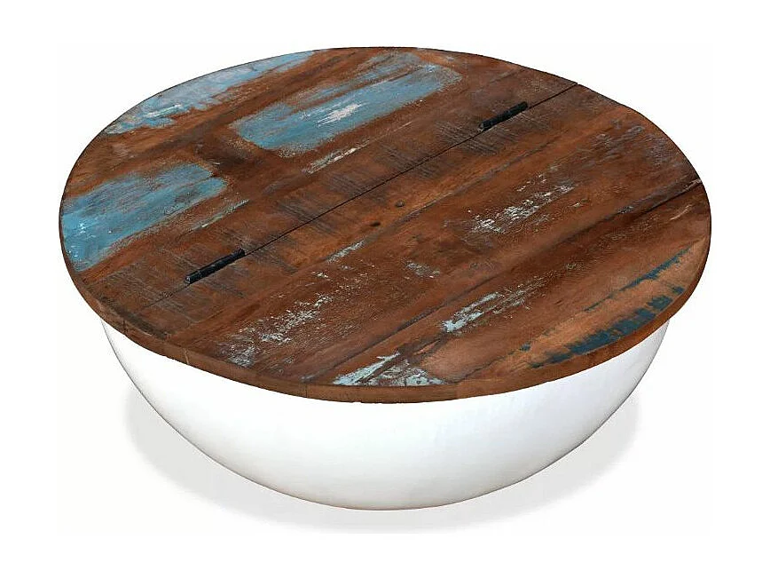 Table basse ronde bois foncé recyclé et métal blanc Leh