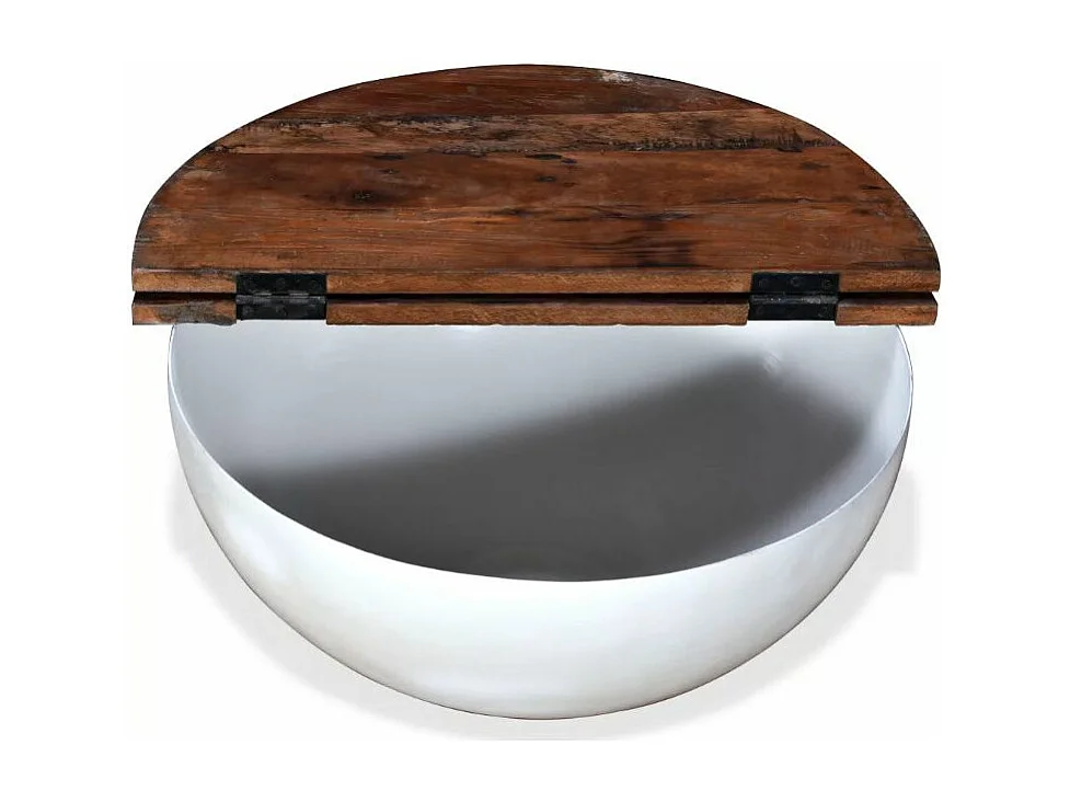 Table basse ronde bois foncé recyclé et métal blanc Leh