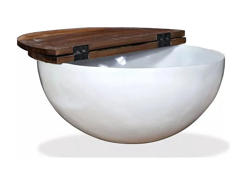 Table basse ronde bois foncé recyclé et métal blanc Leh