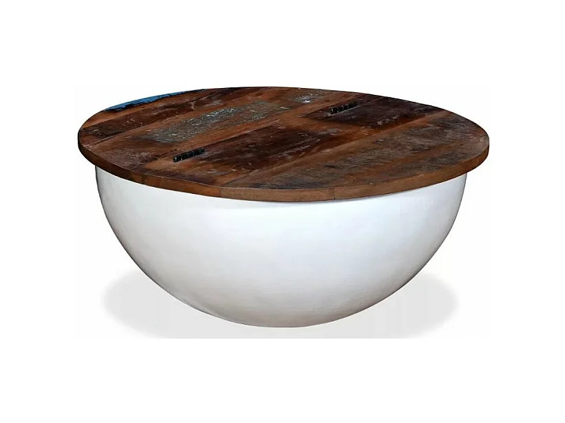 Table basse ronde bois foncé recyclé et métal blanc Leh