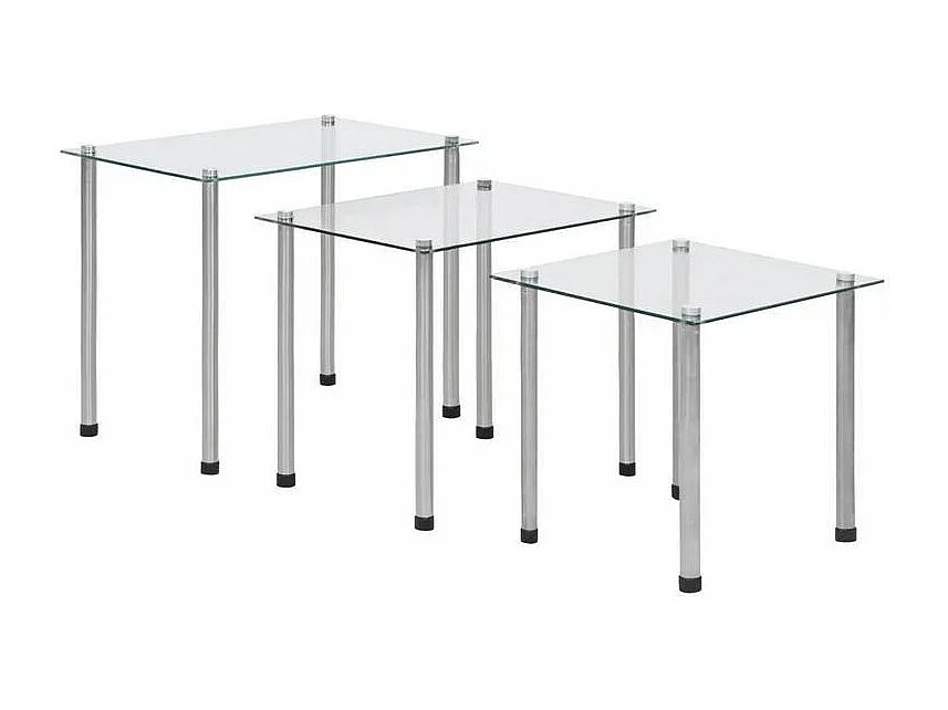 Set de 3 tables gigognes verre trempé transparent et pieds métal gris Rosi