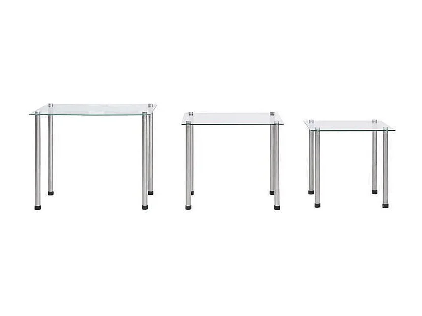 Set de 3 tables gigognes verre trempé transparent et pieds métal gris Rosi