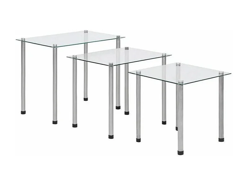 Set de 3 tables gigognes verre trempé transparent et pieds métal gris Rosi