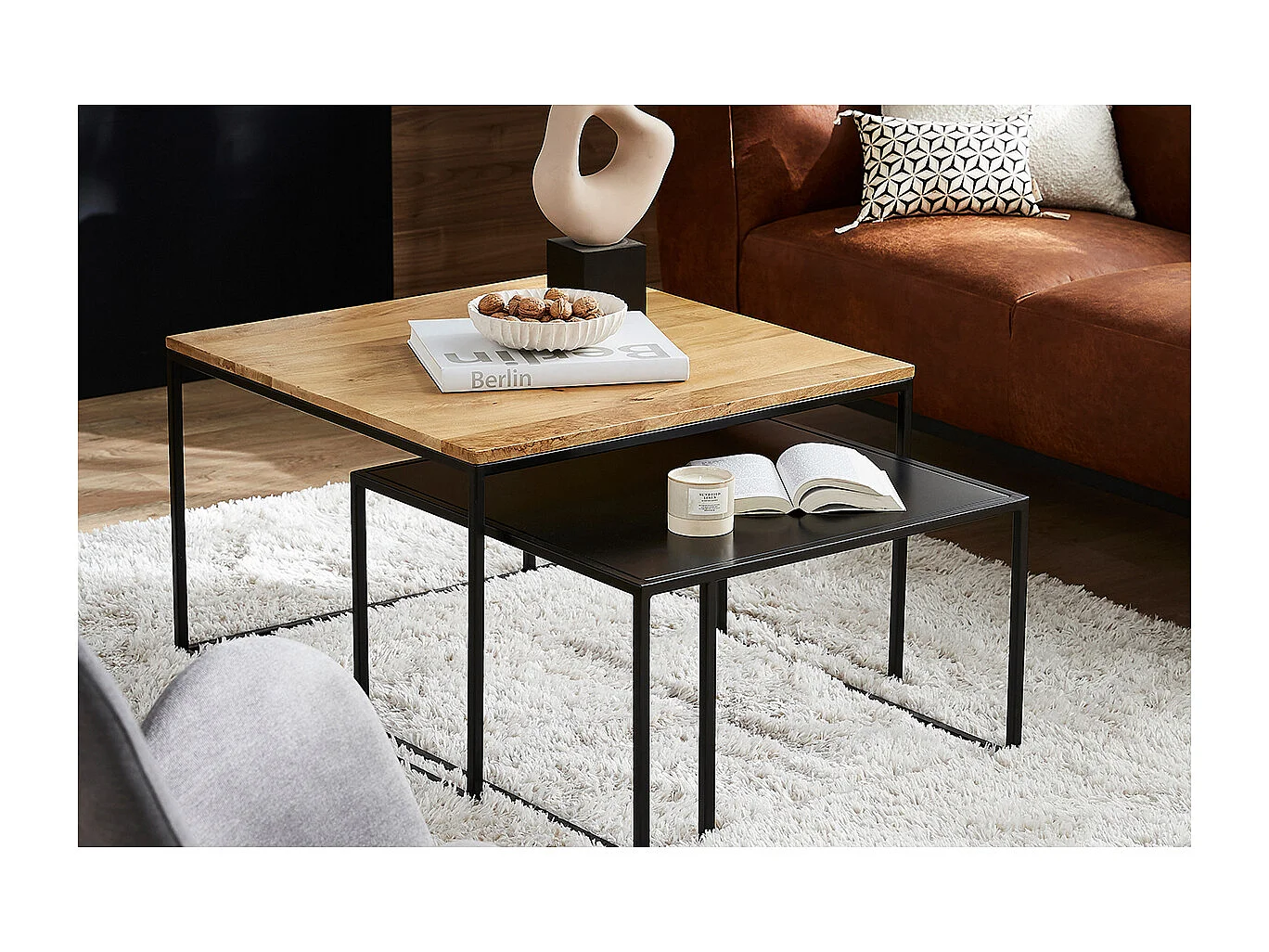 Tables basses gigognes carrées bois manguier massif et métal noir (lot de 2) TAHL