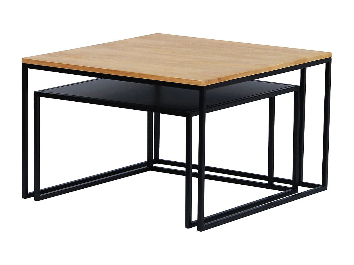 Tables basses gigognes carrées bois manguier massif et métal noir (lot de 2) TAHL