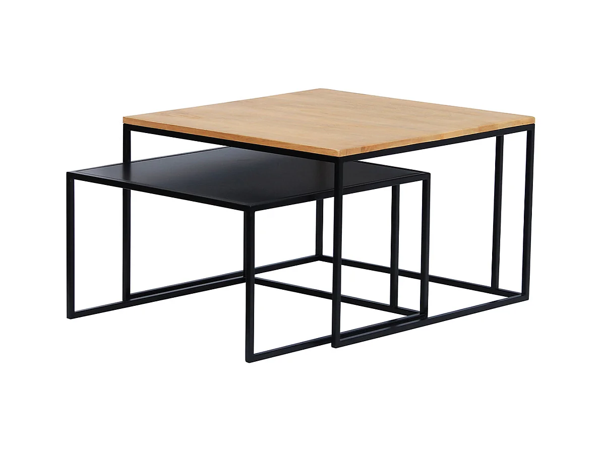Tables basses gigognes carrées bois manguier massif et métal noir (lot de 2) TAHL