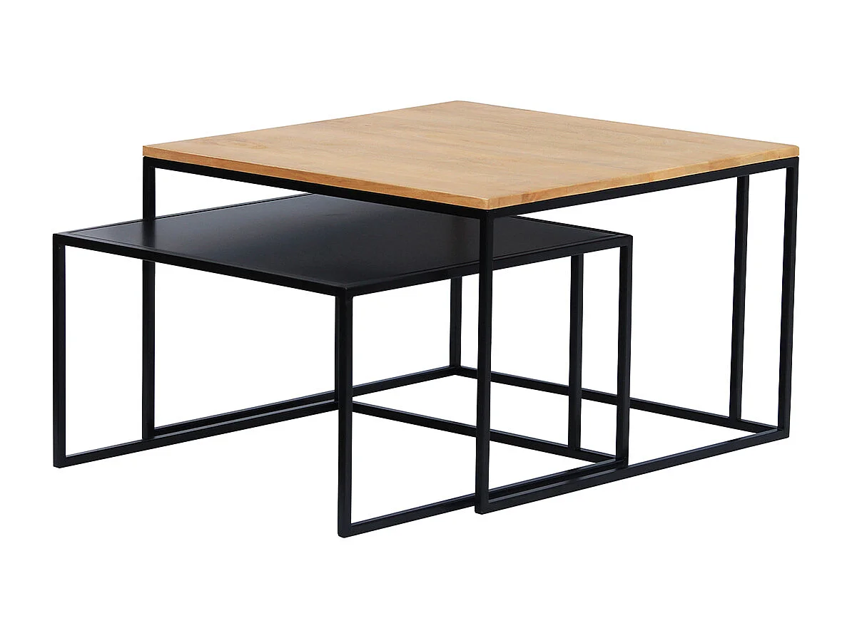 Tables basses gigognes carrées bois manguier massif et métal noir (lot de 2) TAHL