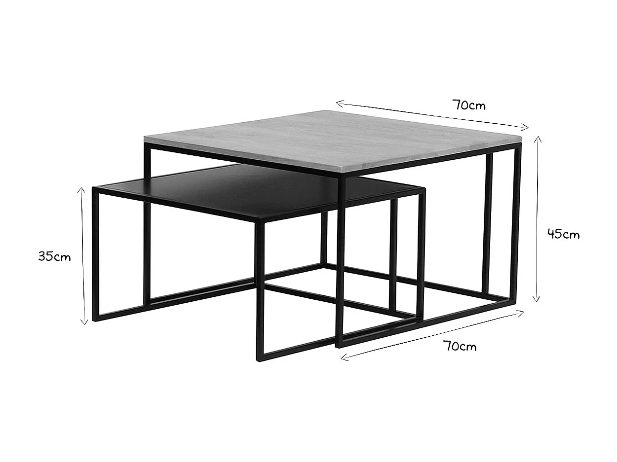 Tables basses gigognes carrées bois manguier massif et métal noir (lot de 2) TAHL