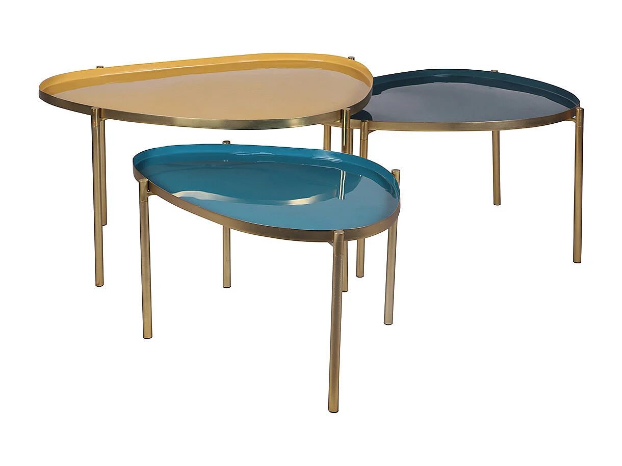 Tables basses gigognes laquées moutarde, bleu canard et bleu (lot de 3) ZURIA