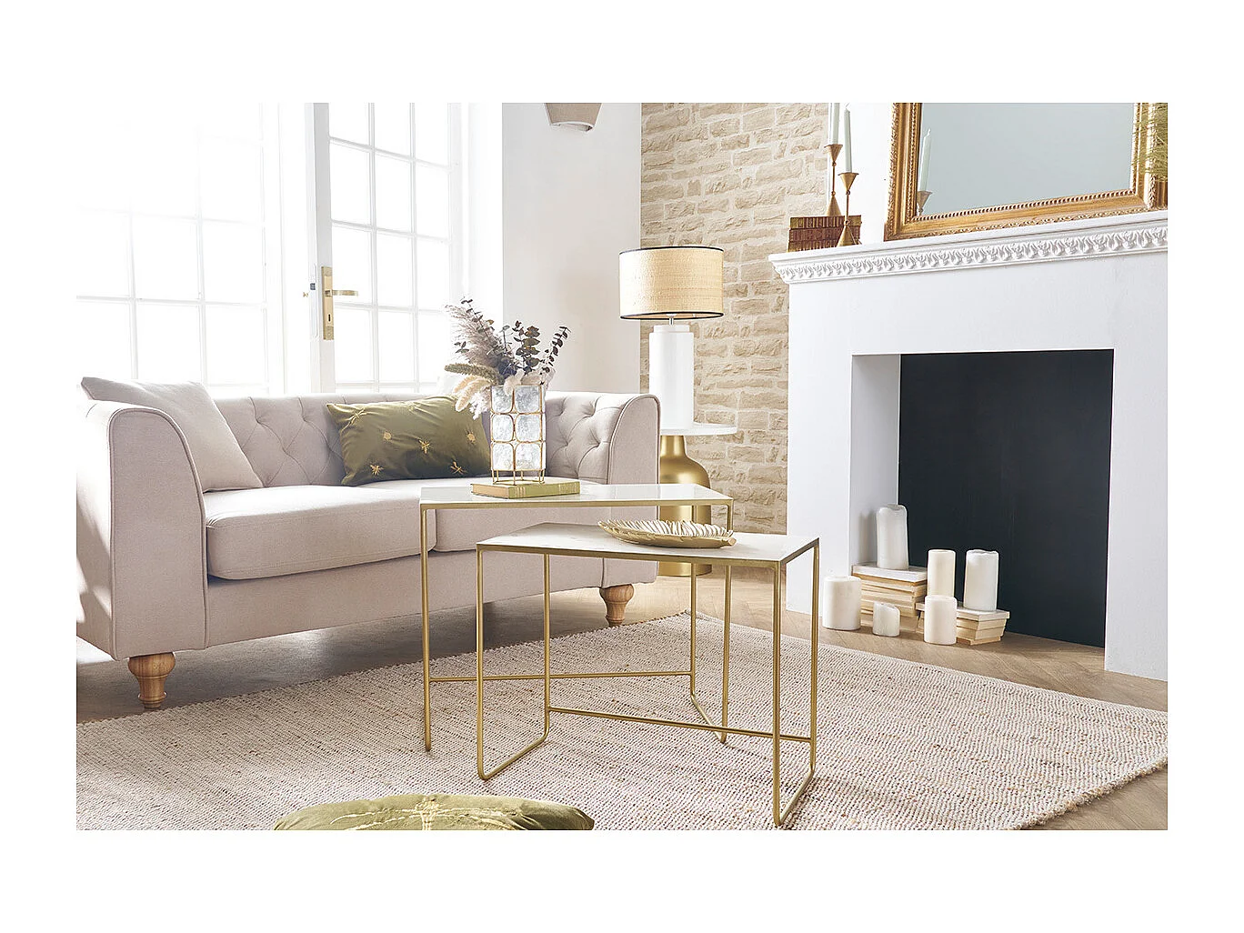 Tables basses gigognes rectangulaires design blanc et métal doré (lot de 2) WESS